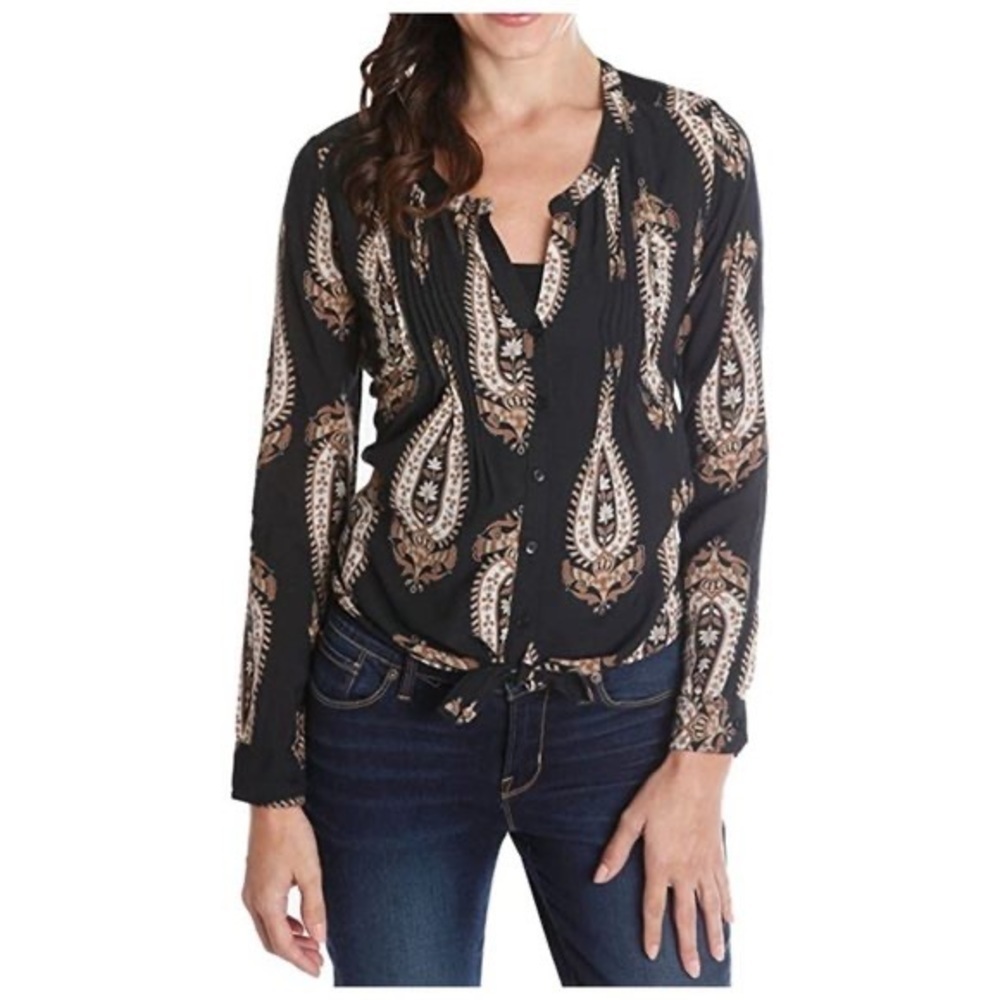 Lucky Brand black Paisley bellflower long sleeve tie up button down top size XS‎
